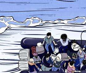 Comic illustration of a boat carrying people in the Mediterranean Sea.