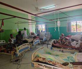 Hospital beds in a crowded room at South Hospital in El Fasher, North Darfur, Sudan.