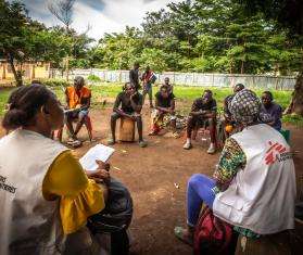 MSF teams hold a group session for male sexual violence survivors in Central African Republic.